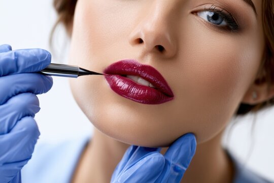 Professional makeup artist applying deep berry lipstick with precision on model?s lips while wearing blue medical gloves in beauty and cosmetic procedure session