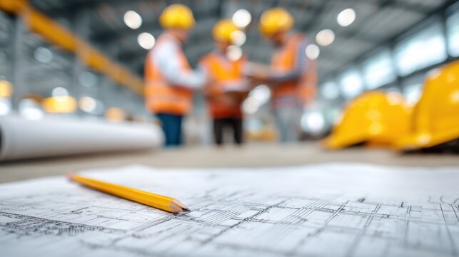 Architectural blueprint with pencil in foreground and group of construction workers wearing safety helmets and vests discussing project in background at site