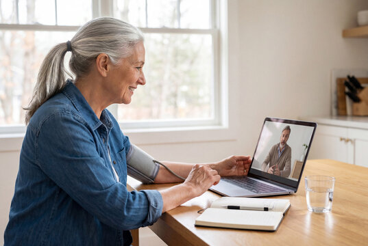 Senior woman taking blood pressure on a Telehealth video call with her doctor from home