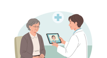 Fototapeta premium Doctor consulting elderly patient via video call on tablet, telemedicine concept