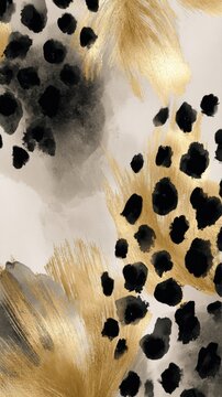 Abstract hand-painted black spots and golden brush strokes creating a luxurious modern animal print pattern with watercolor textures on light background