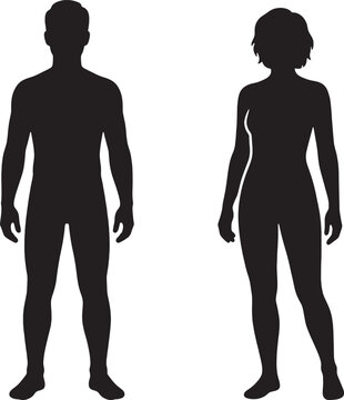 Print, Minimalist black silhouette icons depicting a standing adult man and woman in a front-facing view.