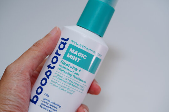 Kuala Lumpur, Malaysia- April 2026: Buying new oral care product from Boostoral thru online shopping. Products are vegan, cruelty free, fluoride free and SLS free