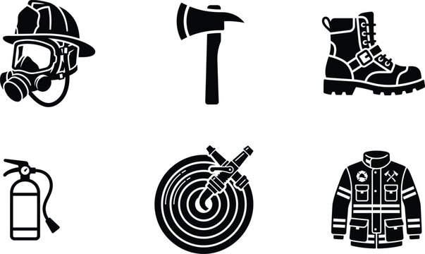 Firefighter equipment and tools icons set including helmet and oxygen mask axe boots jacket fire extinguisher and dartboard with dart