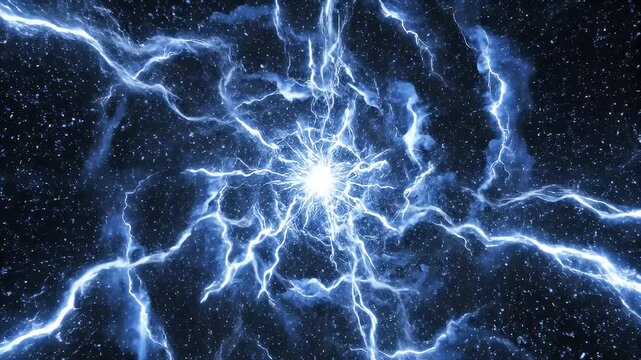 Cosmic blue lightning vortex with electric plasma discharge and bright central energy glow against dark starry background