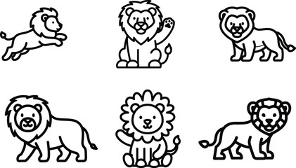 set of cartoon lion drawings in black outline on white background © Saidurra12