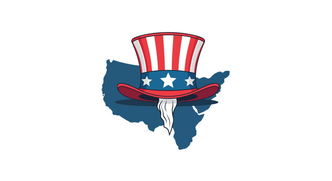 Patriotic Uncle Sam hat with stars and stripes and white goatee beard placed over a blue silhouette map of the United States of America isolated on white background vector illustration.