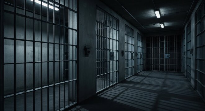 Eerie Prison Cell Block with Bars and Shadows.