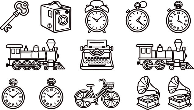 Collection of vintage including an old key, box camera, alarm clock, pocket watches, steam locomotive, typewriter, bicycle, gramophone