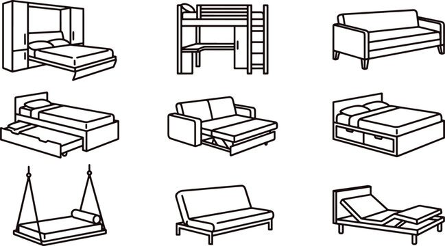 Set of bedroom furniture line including wall beds, bunk beds, sofa beds, trundle beds, and a hanging bed on a white background