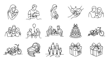 Fototapeta premium Family Life Moments: Continuous Line Art Collection of Parenthood, Celebration, and Everyday Scenes
