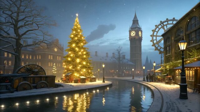 Festive Christmas Tree illuminated in a snowy London street scene with Big Ben and London Eye