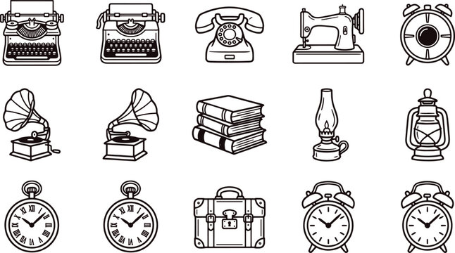 Set of vintage including typewriters, telephones, gramophones, books, and clocks in a black and white line style