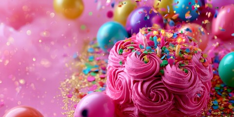 Fototapeta premium Pink birthday cake with sparkling confetti and glowing candles, creating a magical luxury celebration mood.