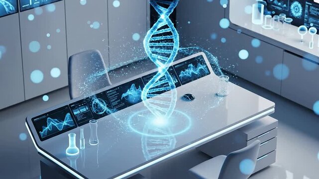 Futuristic Laboratory Workspace Featuring Glowing Translucent DNA Helix in 3D Isometric Render with High-Tech Screens and Modern Scientific Environment