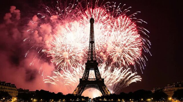 Grand Fireworks Display Over The Eiffel Tower In Paris ? A Breathtaking Celebration Illuminating The Night Sky Stunning Visual Spectacle