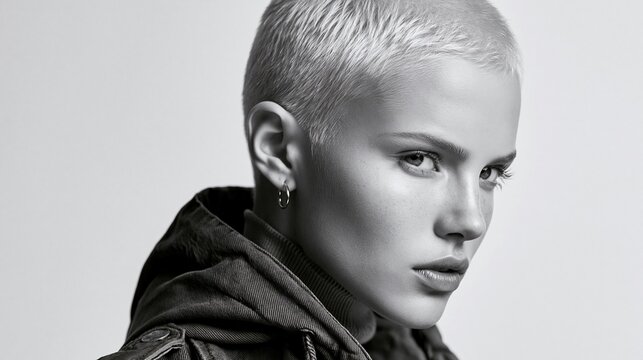 Black and white profile portrait of an edgy woman with a very short textured haircut.