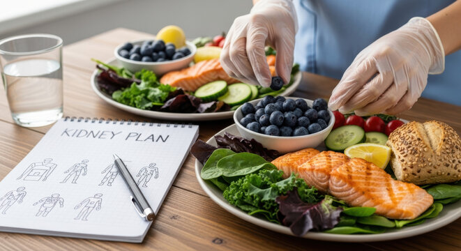 Treating kidney disease involves healthy diet with fresh vegetables fish and fruits to support kidney function and overall wellness naturally