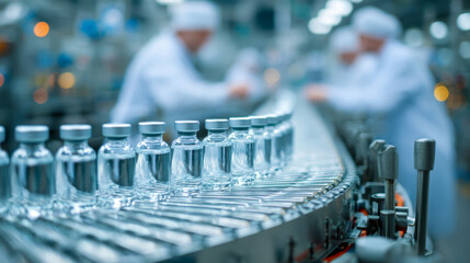 Fototapeta premium Glass bottles with clear liquid moving on conveyor belt in modern pharmaceutical manufacturing plant with workers in protective clothing in background