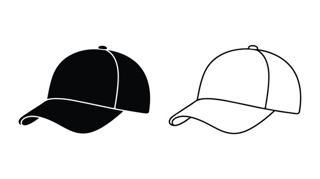 Baseball cap vector icons set, black and white headwear silhouettes, minimalist sports hat apparel mockups for branding and merchandise design