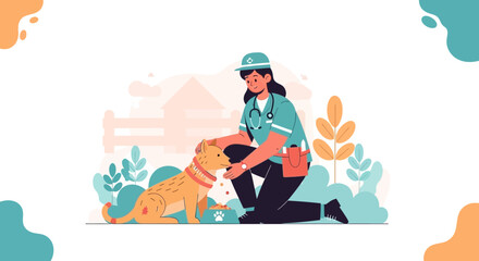 Fototapeta premium Veterinarian Cares For Dog, Animal Health Concept Illustration