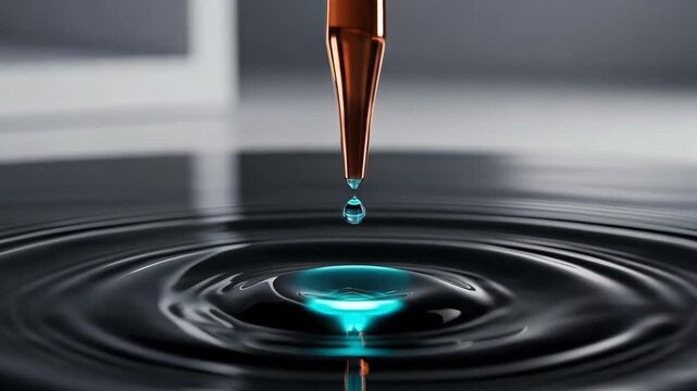 Strategic drop of blue liquid creates ripple effect on dark water surface with precise scientific research and navigation focus captured beautifully