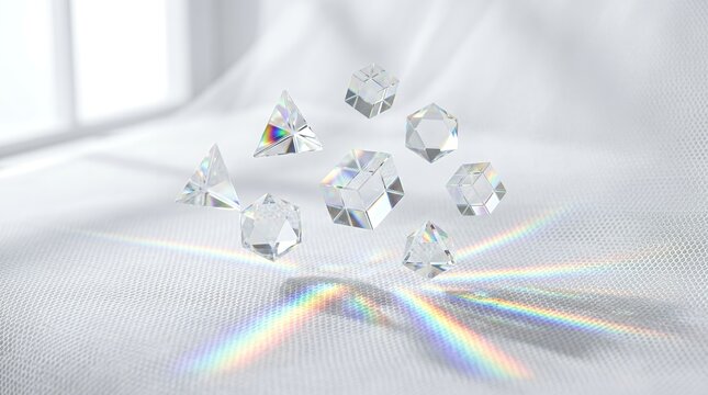Floating clear diamonds casting rainbow light on white fabric.