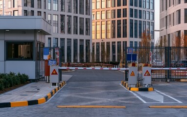 Fototapeta premium High Security Access Checkpoint at Modern Corporate Building with Barriers and Surveillance Equipment