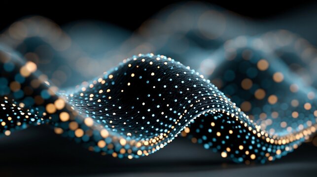Abstract futuristic background with glowing digital dot mesh waves on a dark surface.