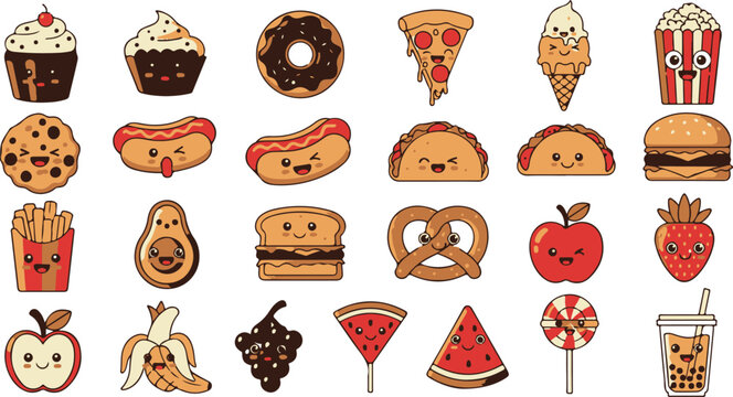 A variety of food items including desserts and fruits are arranged neatly on a surface.