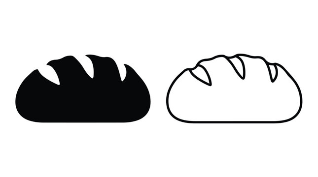 Minimalist bread loaf vector icons, black silhouette and outline bakery symbols, fresh wheat bread loaf illustrations for menu design