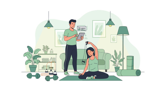 Couple exercising together at home with personal trainer guidance.