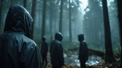 Fototapeta premium Group of individuals wearing dark raincoats gathered in a misty dense forest with tall trees and wet ground creating a mysterious and eerie atmosphere