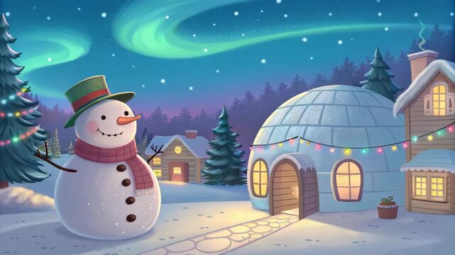 Winter village with snowmen and igloos under the aurora borealis creating a magical festive atmosphere