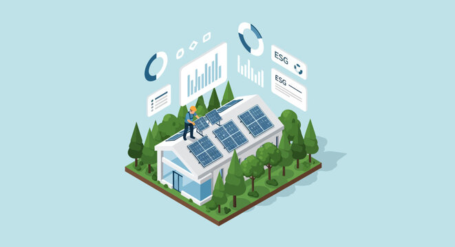 Modern house with solar panels and green trees isometric illustration.