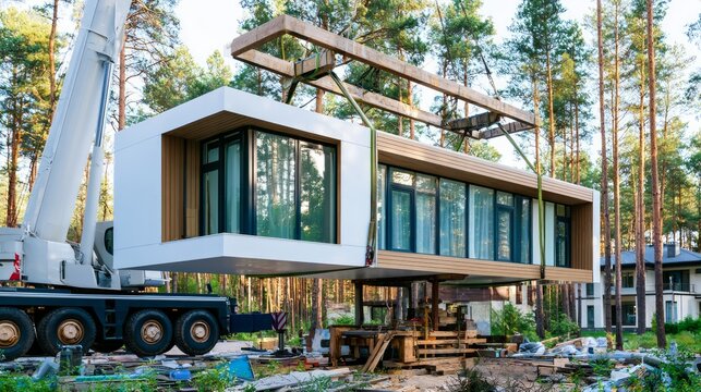 Modern Modular Building Assembly in Forested Area with Crane Lifting Unit for Residential Development