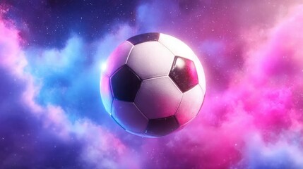 Naklejka premium A classic black and white soccer ball floating in a vibrant cosmic nebula with colorful pink and blue clouds and scattered stars in outer space background