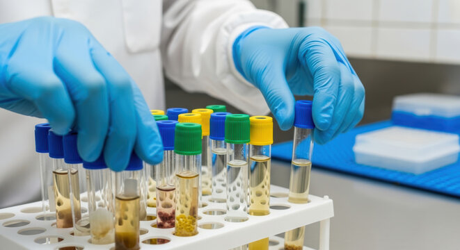 Laboratory technician wearing blue gloves handling test tubes with various liquids showing antimicrobial resistance research in progress