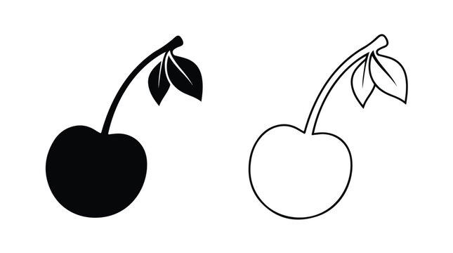 Minimalist cherry fruit vector icons, black silhouette and outline cherry with leaves, simple organic berry illustrations for food branding and logo design