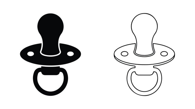 Minimalist baby pacifier icons, black silhouette and outline dummy vector set, infant soothing nipple symbols for nursery branding and parenting apps