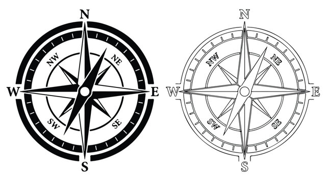 Vintage nautical compass rose vector set, antique wind rose navigation icons, black and white maritime directional symbols for maps