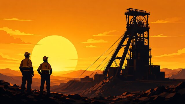 Two workers in safety gear stand silhouetted at the base of a towering mining headframe during sunset at an open-pit mine