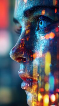 Close-up of a person?s face with bright city lights reflecting on their skin highlighting their intense blue eye and thoughtful expression at night