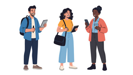 Obraz premium Three diverse young adults standing and holding digital devices, smiling and looking engaged.