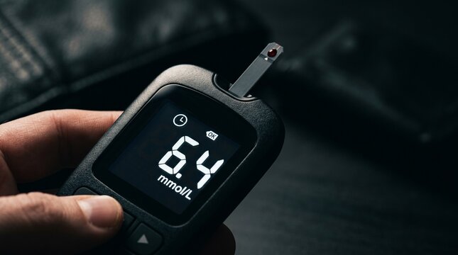 Patient checking blood sugar levels with a glucometer displaying a 6.4 mmol/L reading for daily diabetes management