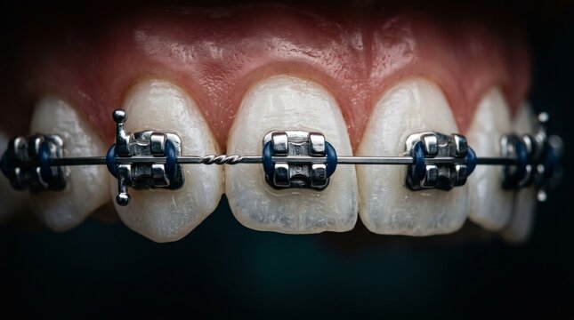 Detailed view of orthodontic metal brackets and wire on upper teeth for alignment and bite correction.