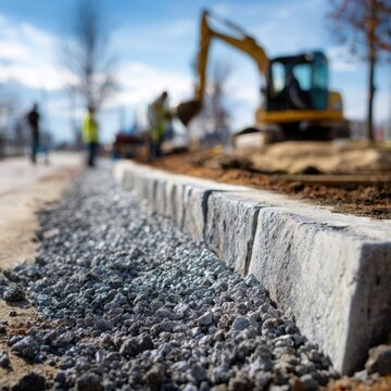Construction site with crushed stone gravel and stone curb installation alongside an excavator and workers preparing a new pathway on a sunny day