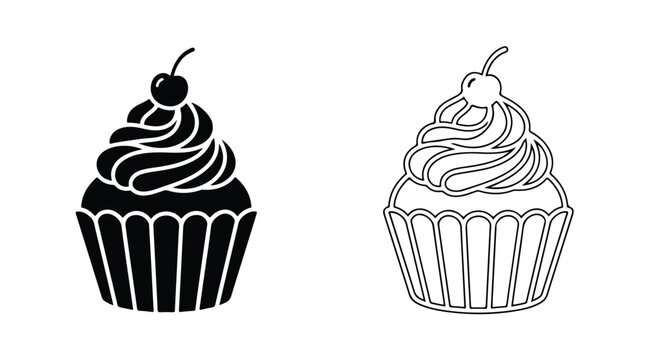 Minimalist cupcake vector icons with cherry on top, black silhouette and outline muffin illustrations, sweet dessert bakery symbols for menu design