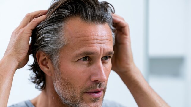 Middle-aged man examining his thick gray-streaked hair thoughtfully while touching his head in a bright modern bathroom setting