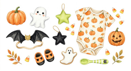 Fototapeta premium Baby First Halloween Costume Items Japanese Flat Lay Watercolor Illustration